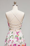 Pink Red Flower Embroidered A Line Short Homecoming Dress with Lace-up Back
