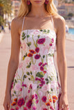 Pink Red Flower Embroidered A Line Short Homecoming Dress with Lace-up Back