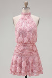 Halter Pink A-Line Sequin Short Homecoming Dress with 3D Flowers