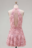 Halter Pink A-Line Sequin Short Homecoming Dress with 3D Flowers