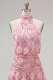 Halter Pink A-Line Sequin Short Homecoming Dress with 3D Flowers
