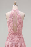 Halter Pink A-Line Sequin Short Homecoming Dress with 3D Flowers