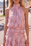 Halter Pink A-Line Sequin Short Homecoming Dress with 3D Flowers