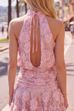 Halter Pink A-Line Sequin Short Homecoming Dress with 3D Flowers