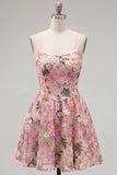 Floral Pink A Line Applique Short Homecoming Dress with Lace Up Back