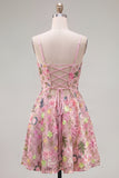Floral Pink A Line Applique Short Homecoming Dress with Lace Up Back