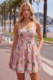 Floral Pink A Line Applique Short Homecoming Dress with Lace Up Back