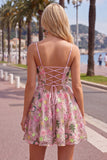 Floral Pink A Line Applique Short Homecoming Dress with Lace Up Back