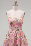 Floral Pink A Line Applique Short Homecoming Dress with Lace Up Back