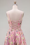 Floral Pink A Line Applique Short Homecoming Dress with Lace Up Back