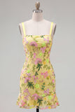 Yellow Floral Embroidered Bodycon Homecoming Dress with Lace Up Back