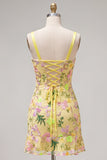 Yellow Floral Embroidered Bodycon Homecoming Dress with Lace Up Back