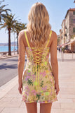 Yellow Floral Embroidered Bodycon Homecoming Dress with Lace Up Back