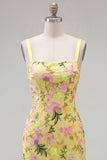 Yellow Floral Embroidered Bodycon Homecoming Dress with Lace Up Back