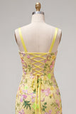 Yellow Floral Embroidered Bodycon Homecoming Dress with Lace Up Back