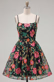 Black Flower Embroidered A Line Homecoming Dress with Lace Up Back