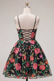 Black Flower Embroidered A Line Homecoming Dress with Lace Up Back