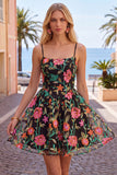 Black Flower Embroidered A Line Homecoming Dress with Lace Up Back