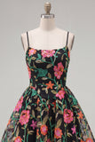 Black Flower Embroidered A Line Homecoming Dress with Lace Up Back