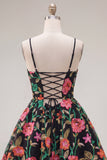 Black Flower Embroidered A Line Homecoming Dress with Lace Up Back
