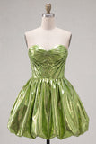 Green Strapless A Line Corset Metallic Satin Mini Homecoming Dress
