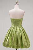 Green Strapless A Line Corset Metallic Satin Mini Homecoming Dress