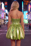 Green Strapless A Line Corset Metallic Satin Mini Homecoming Dress