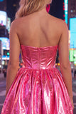 Green Strapless A Line Corset Metallic Satin Mini Homecoming Dress