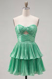 Green Strapless Tiered Cut Out A Line Homecoming Dress