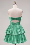 Green Strapless Tiered Cut Out A Line Homecoming Dress