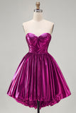 Metallic Fuchsia Strapless High Low Homecoming Dress with Pockets