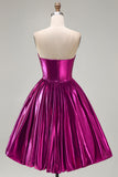 Metallic Fuchsia Strapless High Low Homecoming Dress with Pockets