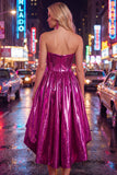 Metallic Fuchsia Strapless High Low Homecoming Dress with Pockets