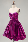 Metallic Fuchsia Strapless High Low Homecoming Dress with Pockets