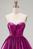 Metallic Fuchsia Strapless High Low Homecoming Dress with Pockets