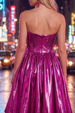 Metallic Fuchsia Strapless High Low Homecoming Dress with Pockets