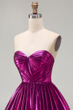 Metallic Fuchsia Strapless High Low Homecoming Dress with Pockets
