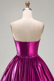 Metallic Fuchsia Strapless High Low Homecoming Dress with Pockets