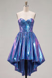 Metallic Fuchsia Strapless High Low Homecoming Dress with Pockets