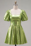 Metallic Yellow Square Neck A Line Homecoming Dress with Puff Sleeves