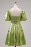Metallic Yellow Square Neck A Line Homecoming Dress with Puff Sleeves