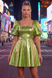 Metallic Yellow Square Neck A Line Homecoming Dress with Puff Sleeves