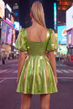 Metallic Yellow Square Neck A Line Homecoming Dress with Puff Sleeves