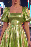 Metallic Yellow Square Neck A Line Homecoming Dress with Puff Sleeves