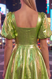 Metallic Yellow Square Neck A Line Homecoming Dress with Puff Sleeves
