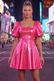 Metallic Yellow Square Neck A Line Homecoming Dress with Puff Sleeves