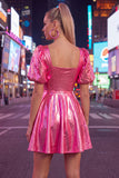 Metallic Yellow Square Neck A Line Homecoming Dress with Puff Sleeves