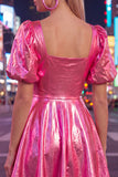 Metallic Yellow Square Neck A Line Homecoming Dress with Puff Sleeves