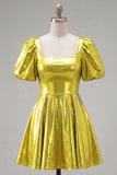 Metallic Yellow Square Neck A Line Homecoming Dress with Puff Sleeves