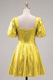 Metallic Yellow Square Neck A Line Homecoming Dress with Puff Sleeves